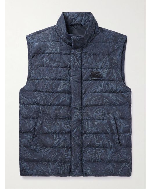 Etro Blue Logo-embroidered Paisley-print Quilted Shell Down Gilet for men