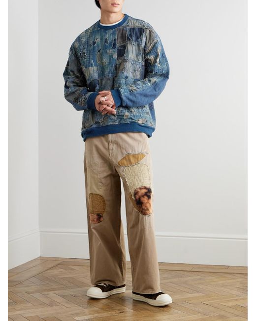 Kapital Blue Boro Distressed Patchwork Cotton And Linen-Blend Sweatshirt for men