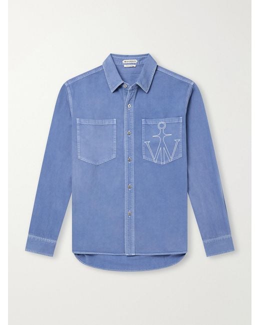 J.W. Anderson Blue Logo-Embroidered Cotton-Twill Shirt for men