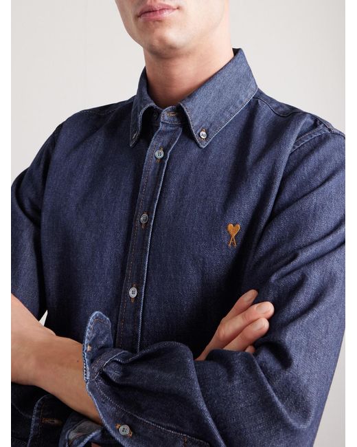 AMI Blue Button-Down Collar Logo-Embroidered Denim Shirt for men