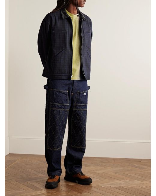 Randy's Garments Blue Cotton-Corduroy Trimmed Checked Melton Wool Bomber Jacket for men