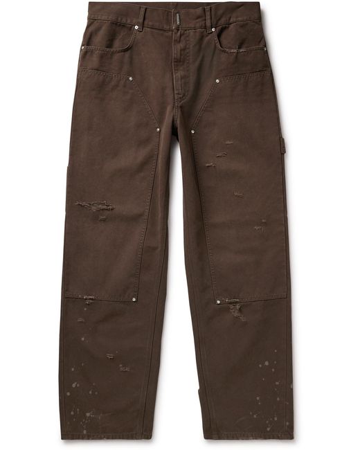 Givenchy Brown Carpenter Wide-Leg Panelled Distressed Cotton-Canvas Trousers for men