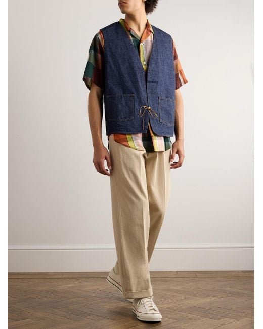 Orslow Blue Hippie's Reversible Denim And Checked Cotton And Linen-blend Gilet for men