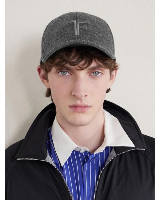 Tom Ford Gray Leather-trimmed Logo-embroidered Cashmere Baseball Cap for men