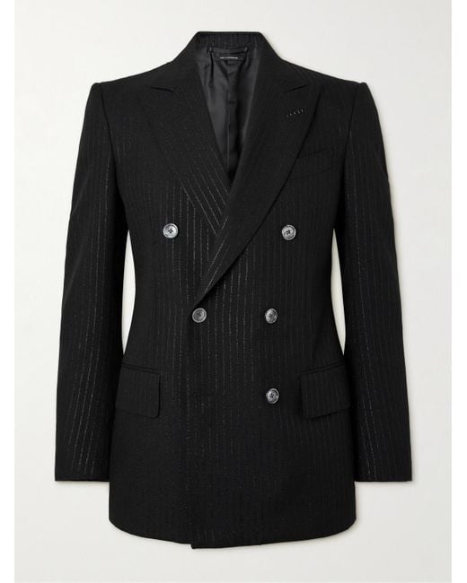 Tom Ford Black Double-breasted Striped Metallic Woven Tuxedo Jacket for men