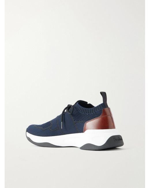 Berluti Blue Shadow Leather-Trimmed Stretch-Knit Sneakers for men