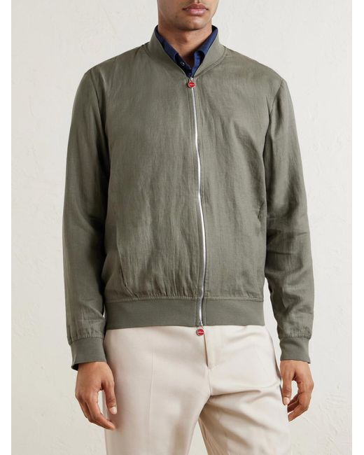 Kiton Green Lightweight Linen Zipped Bomber Jacket for men