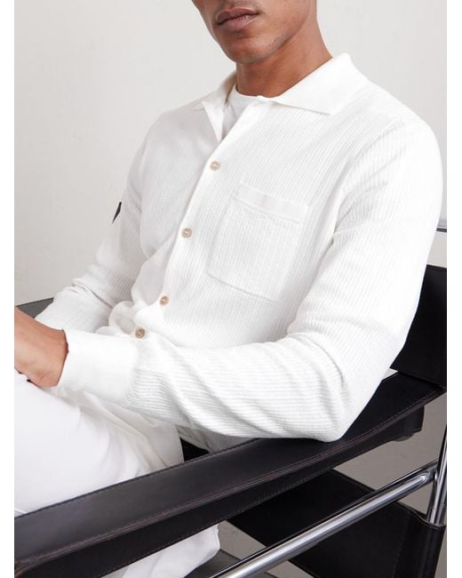 Brunello Cucinelli White Ribbed Cotton Polo Shirt for men