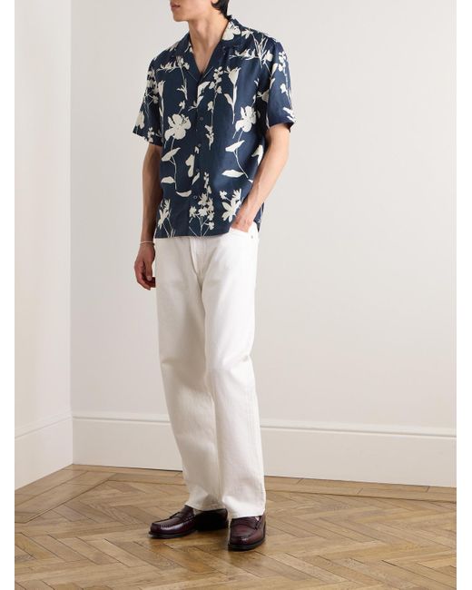 Club Monaco Blue Convertible-Collar Floral-Print Linen Shirt for men