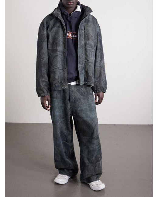 Balenciaga Blue Logo-Embroidered Distressed Printed Denim Hooded Jacket for men