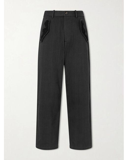 Kartik Research Black Straight-Leg Embroidered Cotton-Twill Trousers for men