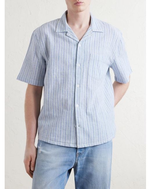 Corridor NYC Blue Convertible-Collar Striped Cotton And Linen-Blend Shirt for men