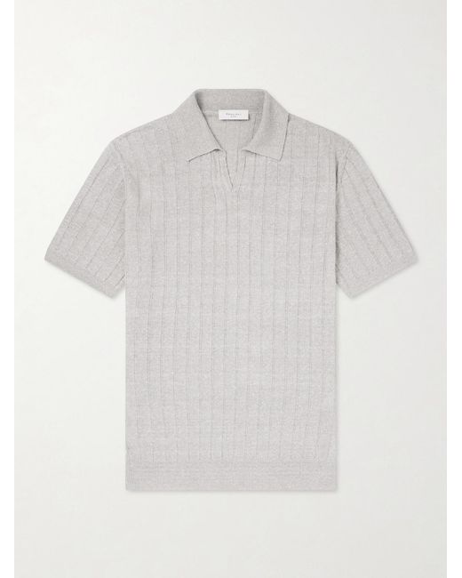 Boglioli White Open-Collar Ribbed Linen And Cotton-Blend Polo Shirt for men