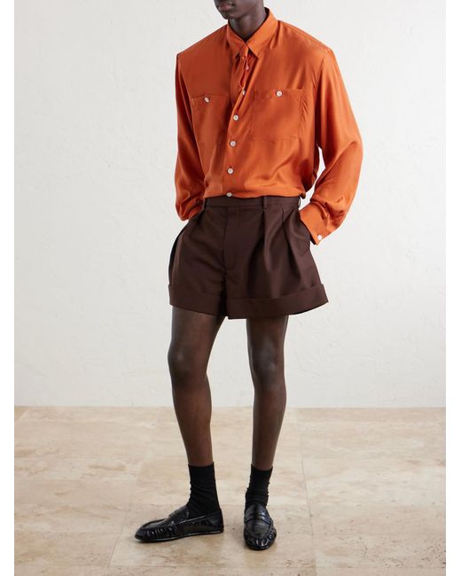Saint Laurent Brown Straight-leg Pleated Wool And Mohair-blend Shorts for men