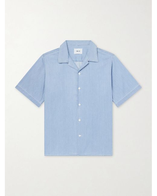 NN07 Blue Julio Ss 5765 Camp-Collar Cotton Chambray Shirt for men