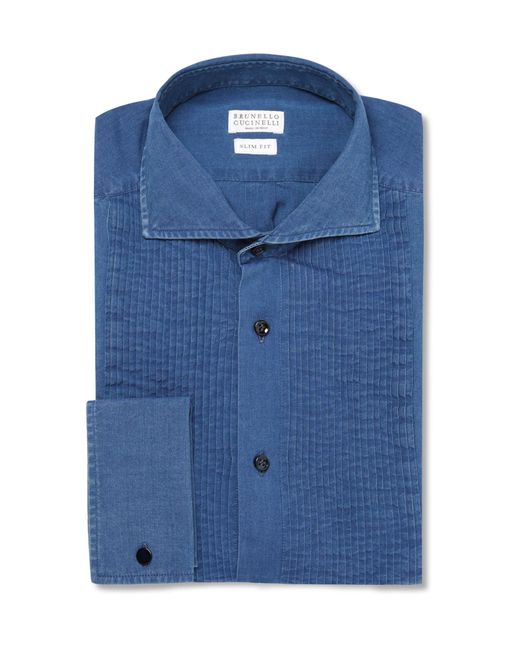 Brunello Cucinelli Blue Slim-fit Bib-front Denim Tuxedo Shirt for men