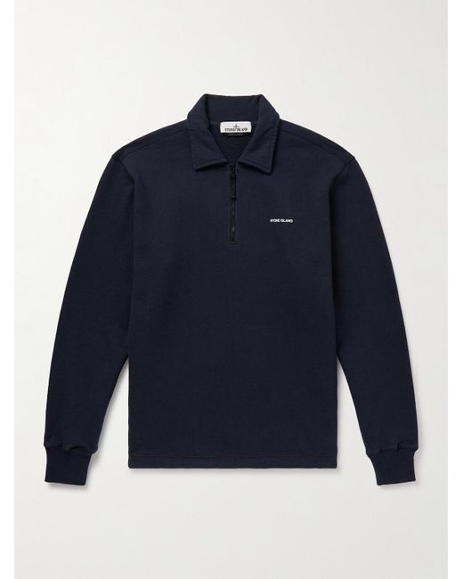 Stone Island Blue Garment-dyed Logo-print Cotton-jersey Half-zip Sweatshirt for men