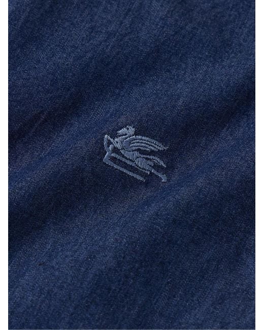 Etro Blue Button-down Collar Logo-embroidered Cotton-chambray Shirt for men