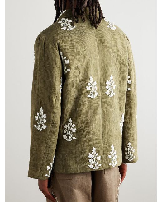 Kartik Research Green Double-Breasted Embellished Embroidered Kantha Cotton Blazer for men