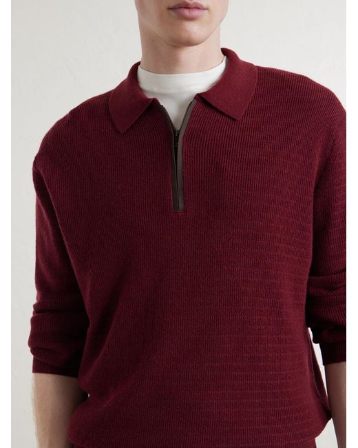 Canali Red Nubuck-Trimmed Wool And Cashmere-Blend Half-Zip Polo Sweater for men