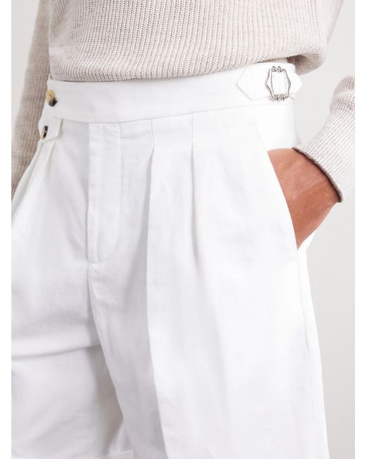 Brunello Cucinelli White Wide-leg Pleated Cotton And Linen-blend Bermuda Shorts for men