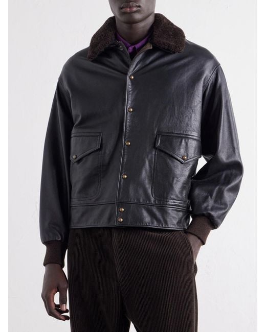 A.PRESSE Black Shearling-Trimmed Leather Jacket for men