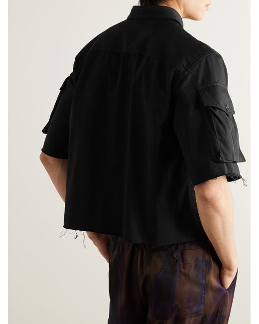 Camicia cropped in gabardine di cotone sfrangiato con decorazioni di Dries Van Noten in Black da Uomo