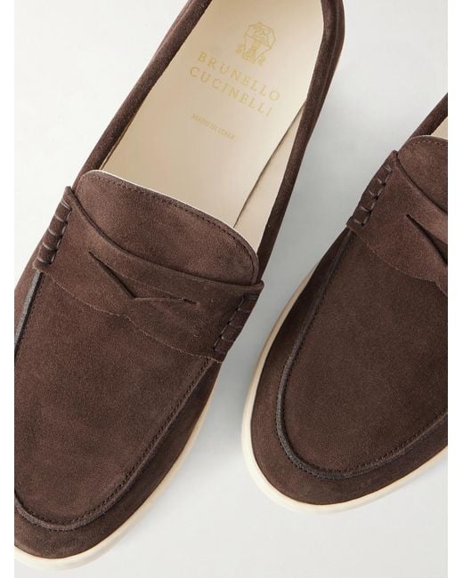 Brunello Cucinelli Brown Suede Penny Loafers for men