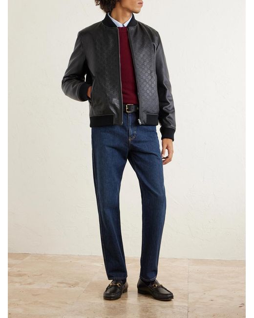 Gucci Black Logo-Debossed Padded Leather Bomber Jacket for men