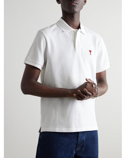 AMI White Logo-Embroidered Organic Cotton-Piqué Polo Shirt for men