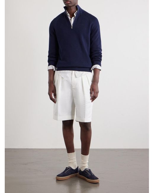 Brunello Cucinelli Blue Ribbed Cotton Half-Zip Sweater for men