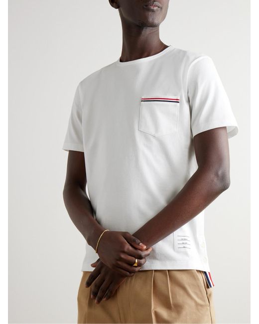 Thom Browne White Slim-Fit Grosgrain-Trimmed Cotton-Jersey T-Shirt for men
