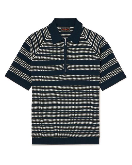Beams Plus Blue Striped Cotton-jacquard Half-zip Polo Shirt for men