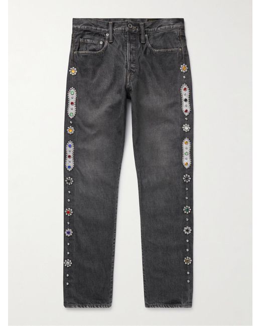 Kapital Gray Monkey Cisco Straight-Leg Embellished Leather-Trimmed Jeans for men