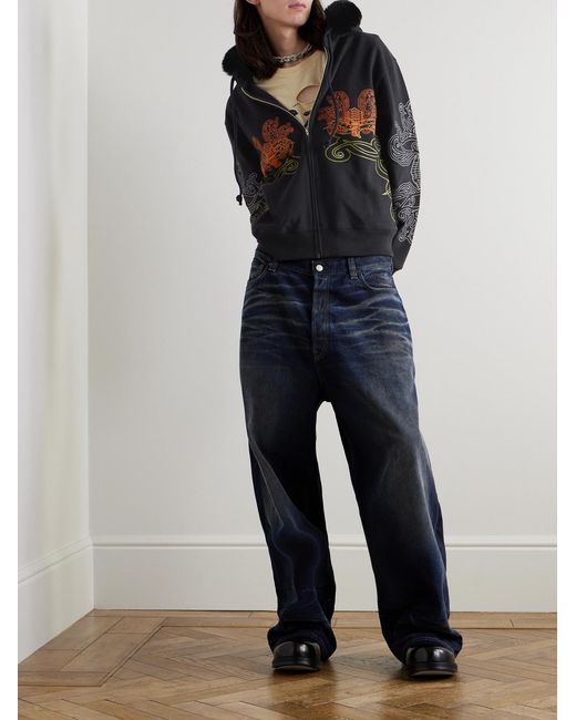 Acne Blue Faux Fur-Trimmed Embroidered Cotton-Jersey Hoodie for men