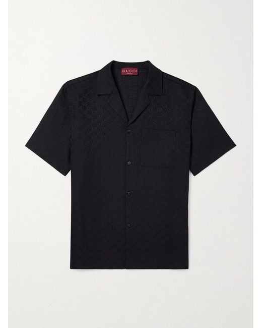 Gucci Black Camp-Collar Logo-Jacquard Linen-Blend Shirt for men