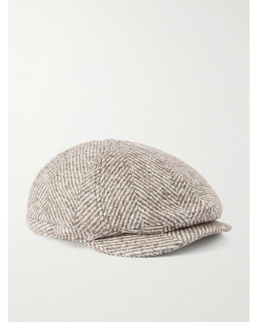 Brunello Cucinelli Natural Herringbone Knitted Flat Cap for men