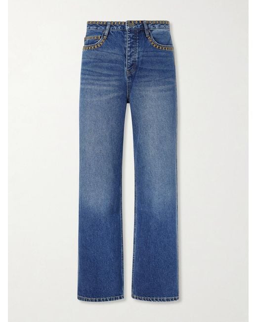 MANAAKI Blue Tukutuku Straight-Leg Embroidered Organic Jeans for men