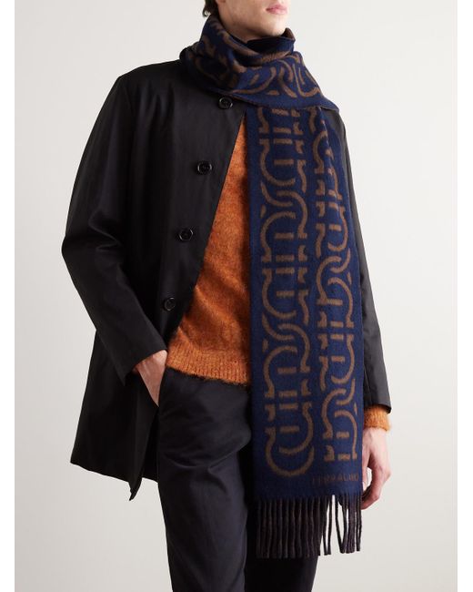 Ferragamo Blue Fringed Jacquard-knit Wool And Cashmere-blend Scarf for men