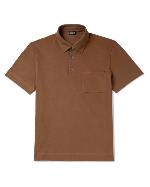 Zegna Brown Leather-trimmed Cotton-piqué Polo Shirt for men