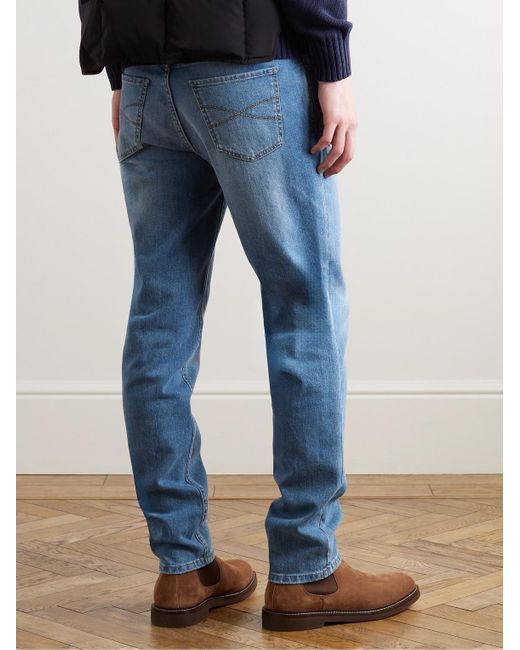 Brunello Cucinelli Schmal und gerade geschnittene Jeans mit Logostickerei in Blue für Herren