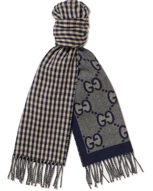 Gucci Gray Reversible Fringed Wool-jacquard Scarf for men