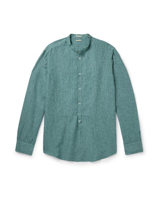 Massimo Alba Green Kos Grandad-collar Linen And Cotton-blend Half-placket Shirt for men