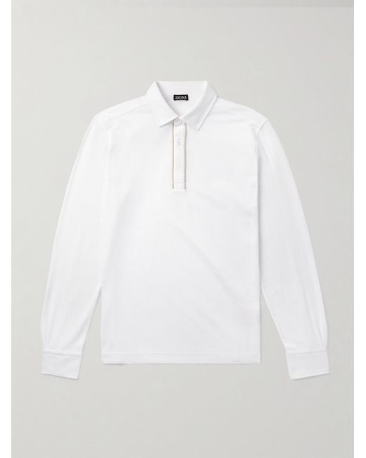 Zegna White Suede-Trimmed Cotton-Piqué Polo Shirt for men