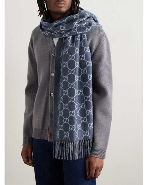 Gucci Blue Fringed Logo-Jacquard Cashmere Scarf for men