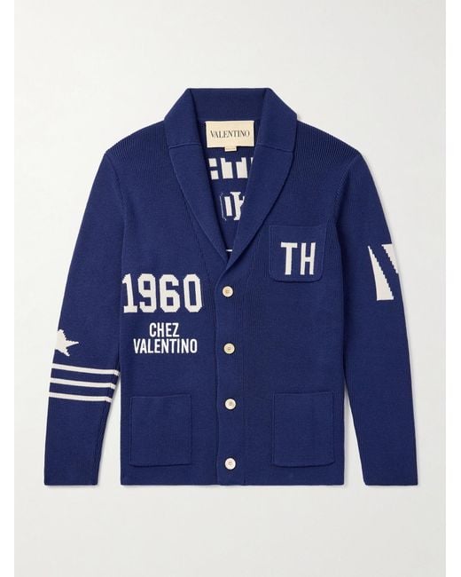 Valentino Garavani Blue Chez Slim-Fit Shawl-Collar Intarsia Wool Cardigan for men