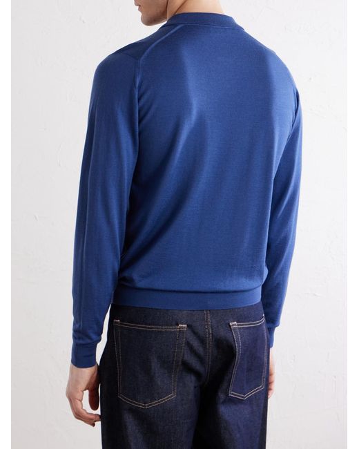 John Smedley Blue Caverhill Knitted Merino Wool Polo Shirt for men