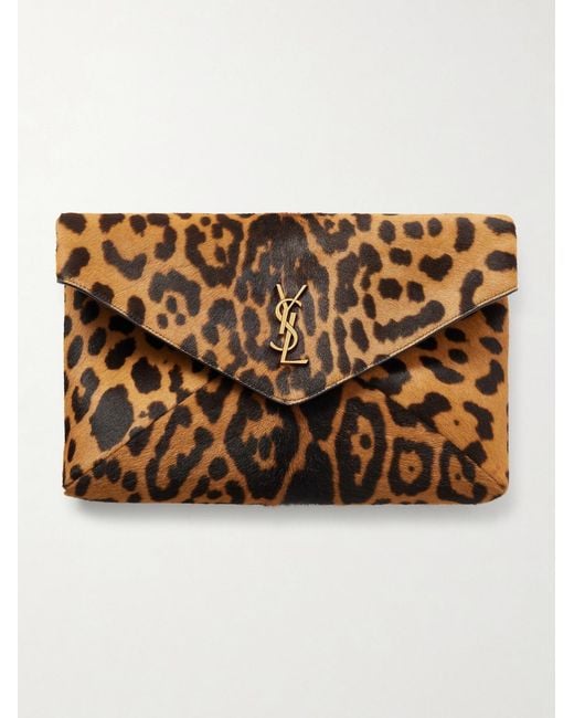 Logo-Appliquéd Leopard-Print Calf Hair Pouch di Saint Laurent in Metallic da Uomo