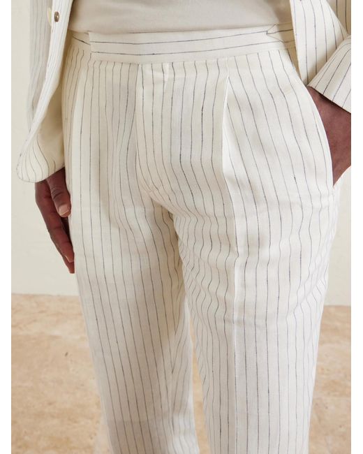 Mr P. White Tapered Pleated Pinstriped Linen Suit Trousers for men