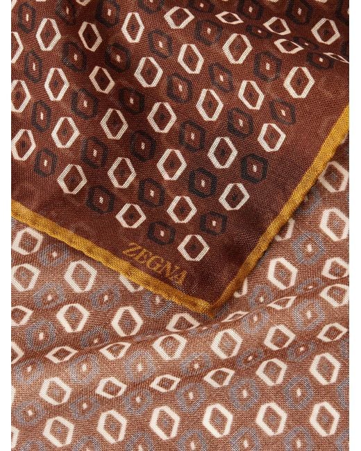 Zegna Brown Printed Wool Pocket Square for men